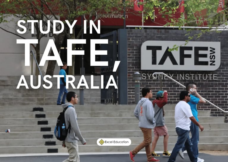 Students walking outside TAFE Sydney Institute building with text overlay reading Study in TAFE, Australia and local education logo