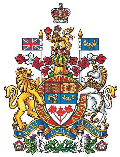Canadian coat of arms featuring a crown, heraldic shield with maple leaves, and flanking lion and unicorn supporters