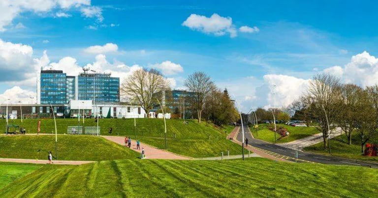 Modern urban park with green lawns, modern buildings in background, pedestrian paths, and scattered trees under blue sky with white clouds