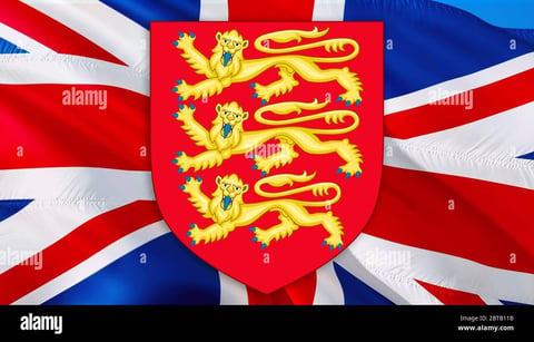 Red shield with three gold lions on Union Jack British flag background