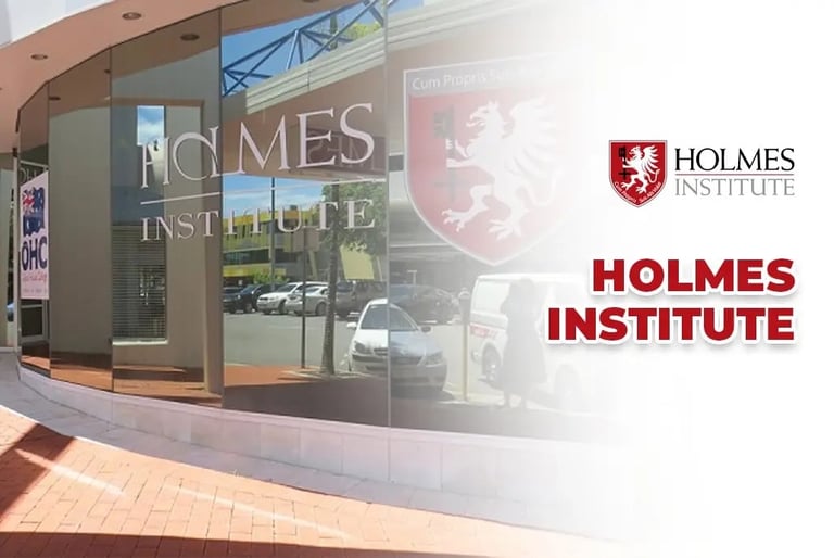 Holmes Institute storefront entrance with glass doors and signage displaying the Holmes Institute logo and name