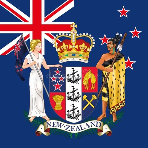 New Zealand coat of arms featuring crowned shield, Britannia, Maori warrior, and Union Jack on blue background