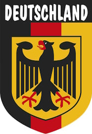 German coat of arms featuring a black eagle on a gold shield with red and gold stripes, labeled Deutschland