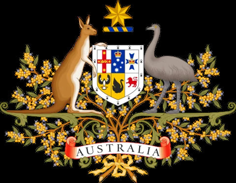 Australian coat of arms featuring a kangaroo and emu flanking a shield with the word Australia below, surrounded by golden wattle